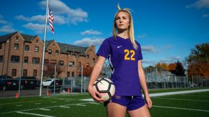 Cretin-Derham Hall's Paige Peltier poses for a portrait at her home field in St. Paul on Thursday, Oct. 24, 2019. Peliter was named as the Pioneer Press East Metro girls soccer Player of the Year. (Jack Rodgers / Pioneer Press)